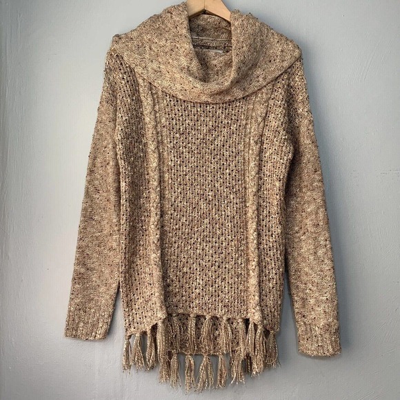 Bass Womens Small Marled Tan Boho Sweater Fringed Tunic Top Cowl Neck Cable Knit - Picture 1 of 8